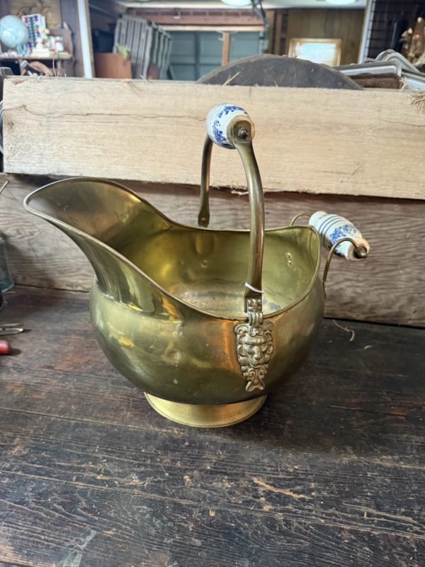 Vintage Brass Scuttle Bucket with Delph Porcelain Handles